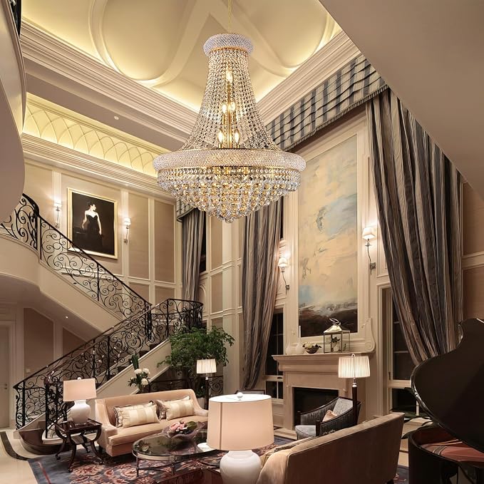 28" W 15 Light Luxury Foyer Chandeliers, Unique Empire K9 Crystal Chandelier for High Ceiling Foyer Entryway Living Room (Gold)