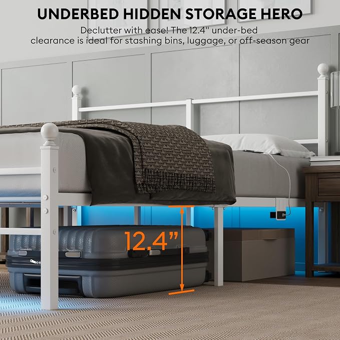 Full Size Bed Frame with Headboard - Metal Platform Bed with LED Lights, Charging Station, Under Bed Storage and Heavy Duty Steel Slats Support - No Box Spring Needed, Easy Assembly, White