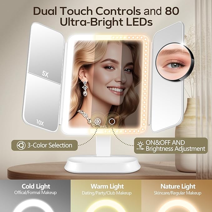 Makeup Mirror with Lights and 30X/10X/5X Magnification, Vanity Mirror with 3 Color Lights, Rechargeable, Detachable, Lighted Makeup Mirror with Magnification, Trifold Mirror, Gifts for Women