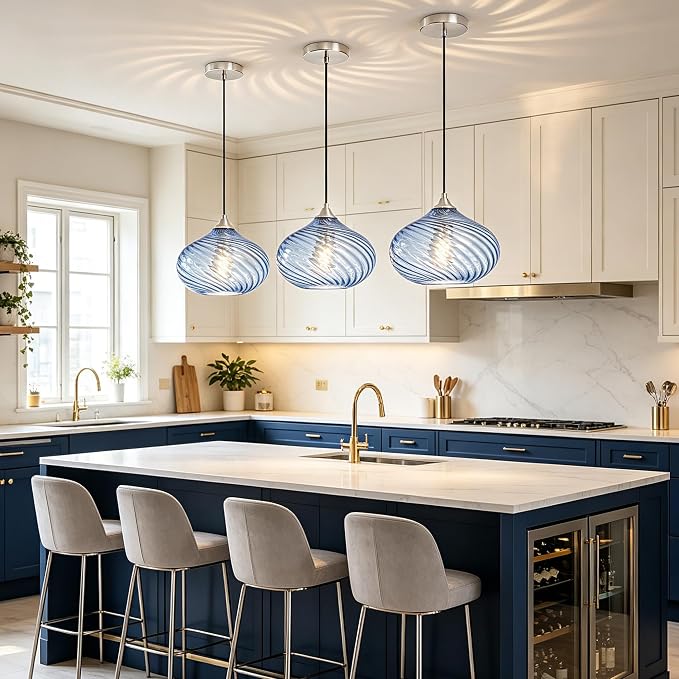11in Brushed Nickel Pendant Lights Kitchen Island with Blue Glass Shade 1PC | Handcrafted Glass Pendant Light Fixtures, UL Certified, E26 Base 100W Max, Height-Adjustable, Dimmable Hanging Pendant Light