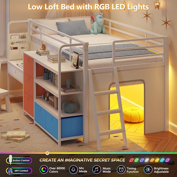 DICTAC Low Loft Bed with Desk and 6 Storage Drawers Twin Loft Bed with Bookshelf,LED Lights & Under-Bed Play Space,Kids Twin Beds with 13.8''H Safety Guardrail,Inclined Ladder & Play Curtain,Colorful