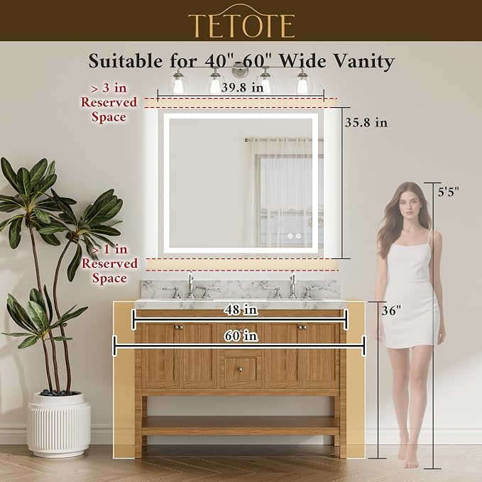 LED Bathroom Mirror with Lights 40 x 36 Brighter Light up Mirror for Bathroom Vanity, Front and Backlit 3-Color Dimmable Illuminated Antifog Mirror Wall Mounted, Waterproof, Tempered Glass