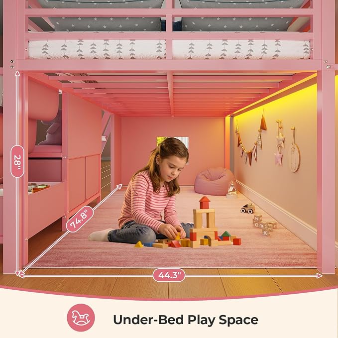 ADORNEVE Low Loft Bed Full Size with Bookshelf, Reading Nook & 3 Drawers | Pink Kids Loft Bed, LED Light, Storage Drawers, Under-Bed Play Space,Safety Guardrail, Inclined Ladde, Play Curtain