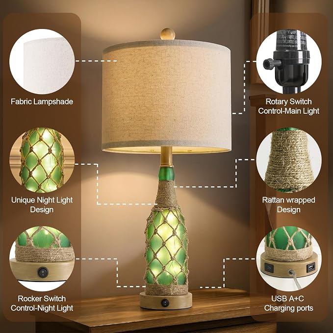 23'' Boho Table Lamps with Night Light for Living Room, Bedside Lamps Set of 2 with A+C Charging Ports for Bedroom, Farmhouse USB Lamps for Nightstand Console, Glass Bottle Rope Base, Green