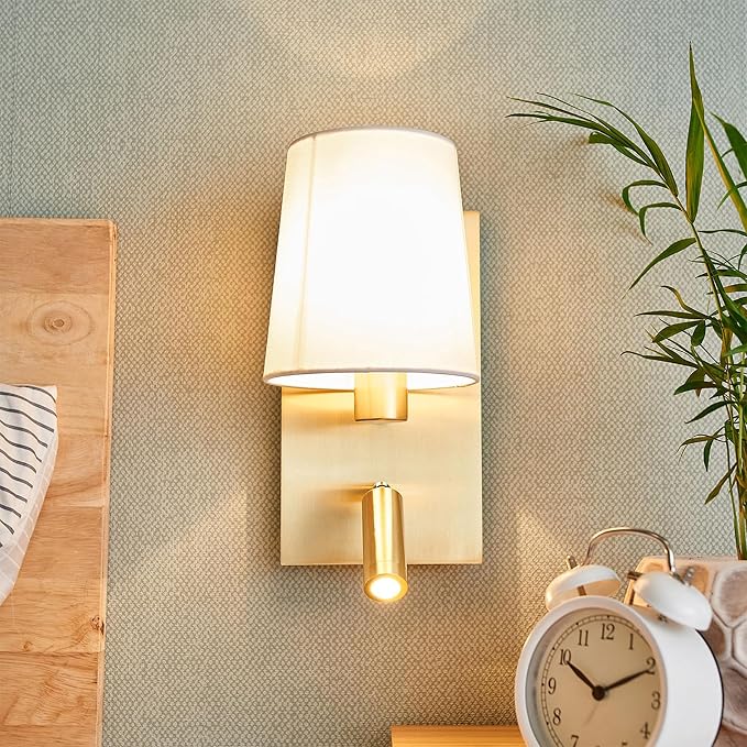 12.1" Wall Sconce with Shade & Reading Light, White Fabric Wall Lamp for Bedroom, Gold Bedside Wall Light with LED Reading Light 3000K 205 lm, Dual Switch, E12 Max 10W Bulb Not Included