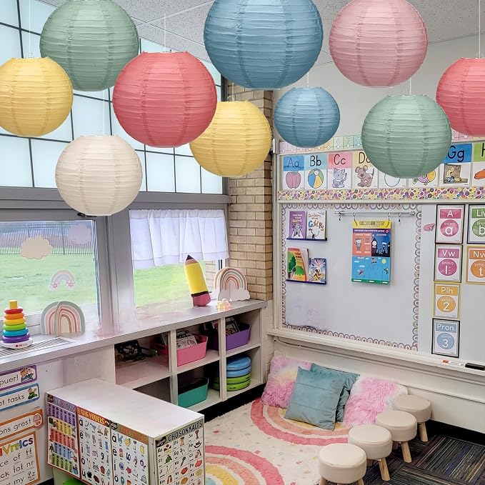 12 Pcs 10 Inch Hanging Paper Lanterns Party Decorations Pastel Spring Classroom Decor for Birthday Back to School Party Decoration for Classrooms Wedding Birthday Ceilings