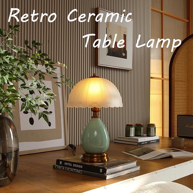 Glivpny Vintage Lamp for Living Room,16" Modern Ceramic Table Lamps for Bedroom,Retro Bedside Nightstand Traditional Lamps, Classic Chinoiserie Green Lamp for Home Decor (LD001) | Mid Century Modern Ceramic Lamps for Living Room,Retro Bedside Glass Lam...