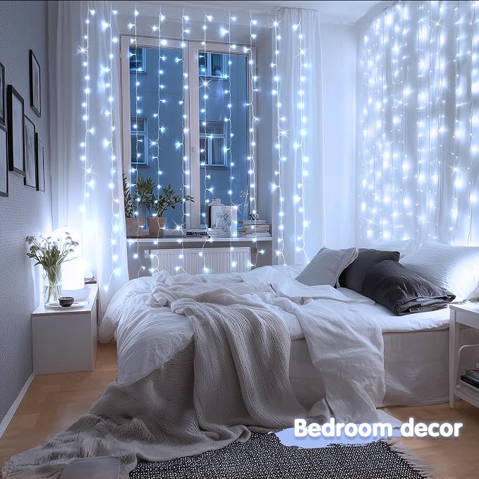 JMEXSUSS 200 LED White Curtain Lights, USB Powered, 6.5ft x 6.5ft | White Christmas Lights with Remote, 8 Modes Hanging String Lights for Bedroom Wall Wedding Party Backdrop Window Decor
