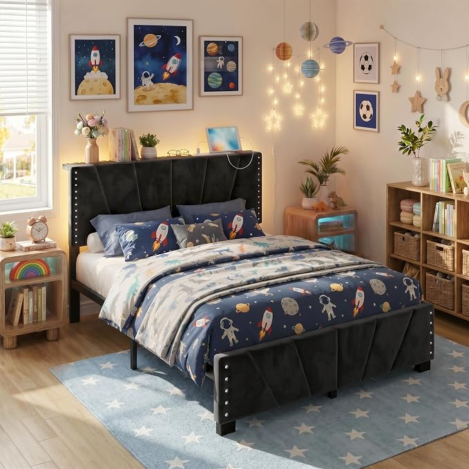 EnHomee Full Bed Frame with Adjustable Headboard,Charger & LED Lights,Black | Adjustable Velvet Headboard，Under-Bed Storage，Heavy Duty Support with 12 Slats，No Box Spring Needed，Easy Assembly for Bedroom