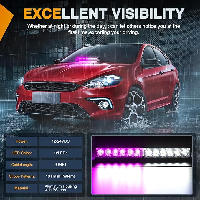 Nilight 12LED Traffic Advisor Strobe Light Bar Purple White Emergency Warning Hazard Safety Dash Front/Rear Windshield Flashing Lights for Cars Trucks Police Firefighter Plow Construction Vehicles