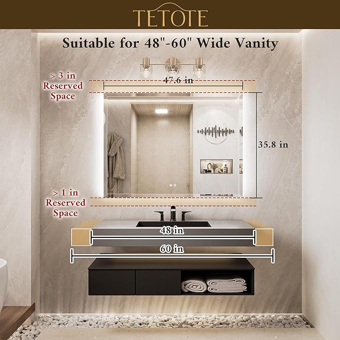 TETOTE 48 x 36 LED Mirror Backlit, Beveled Bathroom Mirror with Backlight, Safe Tempered Glass, 3 Color Temperature, Defogger, Dimmable, Memory Function, UL-Listed, Wall-Mounted Vanity Mirrors