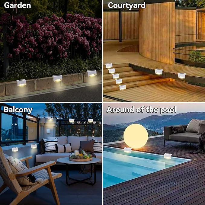 4 Pack Solar Deck Lights Outdoor Small Waterproof LED Step Lamp Outside Decoration Lighting for Stairs, Railing, Fence, Patio, Pool, Balcony, Retaining Wall, Patio, No Drill Instal(White Shell)