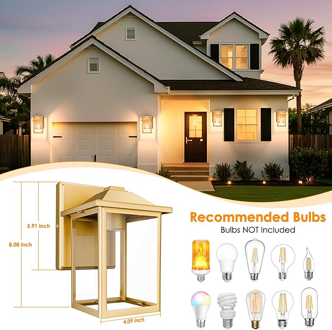 Outdoor Wall Lantern, Exterior Waterproof Wall Sconce Light Fixture, Gold Front Door Mounted Lighting with Glass, Anti-Rust Porch Lamp