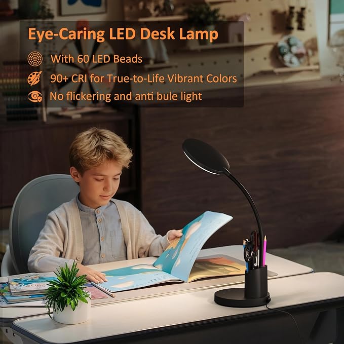 LED Desk Lamp for College Dorm with Pen Phone Holder, Black | 3 Color Modes Dimmable Desk Light, College Dorm Essentials, 360° Adjustable Arm, Eye-caring Bedside Reading Lamp, 800 Lumen