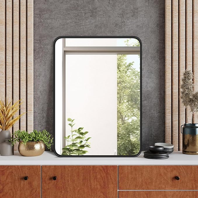 NEWBULIG 22X30 Inch Bathroom Wall Mirror, Vanity Bathroom Mirrors for Over Sink Tempered Glass, Anti-Rust Metal Framed Rounded Rectangle, Hangs Horizontally or Vertically, Farmhouse Home Decor, Black