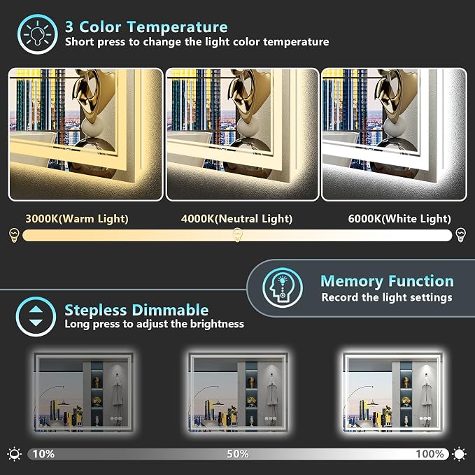 40x38 LED Bathroom Mirror, Backlit & Front Lit Lighted Mirror | Anti-Fog Vanity Mirror with Lights, 3 Color Dimmable, Memory, HD Tempered Glass, CRI95, IP54, UL Listed, Horizontal/Vertical