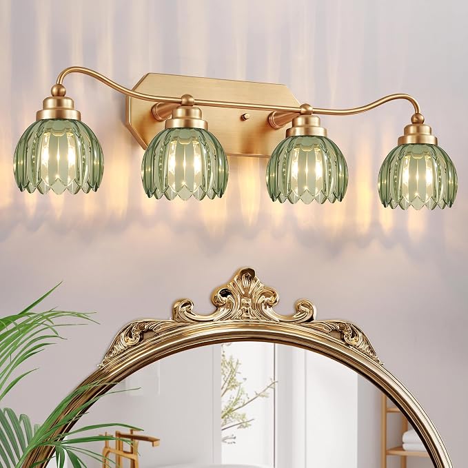 Vintage Gold Vanity Lights, 4 Light Tulip Crystal, Antique Brass Finish | Brushed Gold Bathroom Light Fixtures, Green Wall Sconce Ideal for Bedroom, Living Room, E26 Compatible, Easy Install