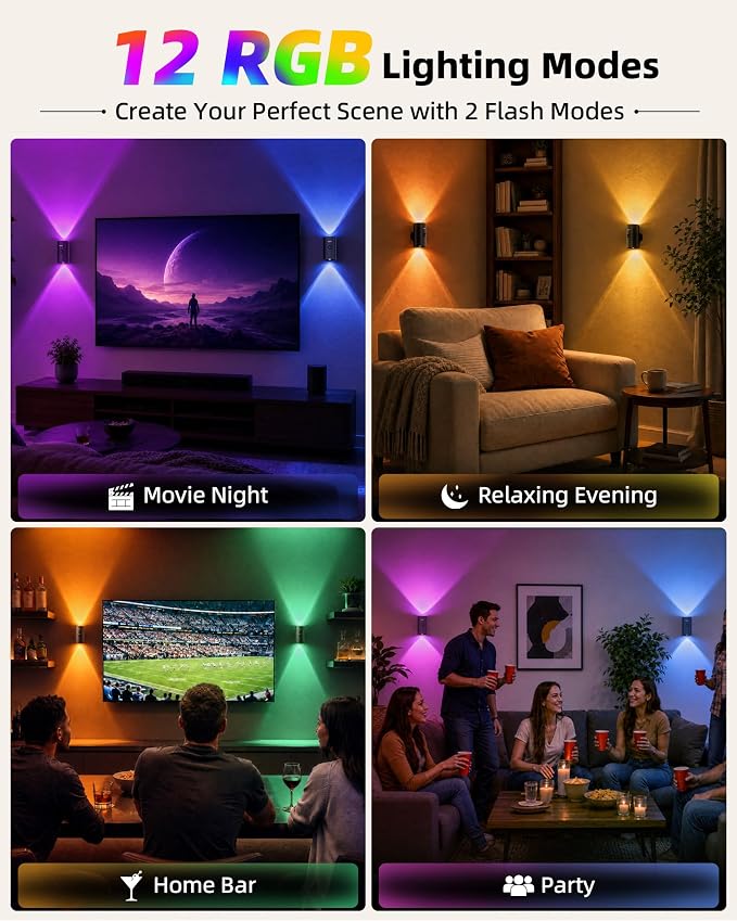 EZVALO Motion Sensor Wall Lights, Rechargeable Wall Sconce Battery Operated with Remote, 3 Color Temps & 12 RGB, Wireless Wall Light for Living Room, Hallway, Stairway (4 Pack, Black)
