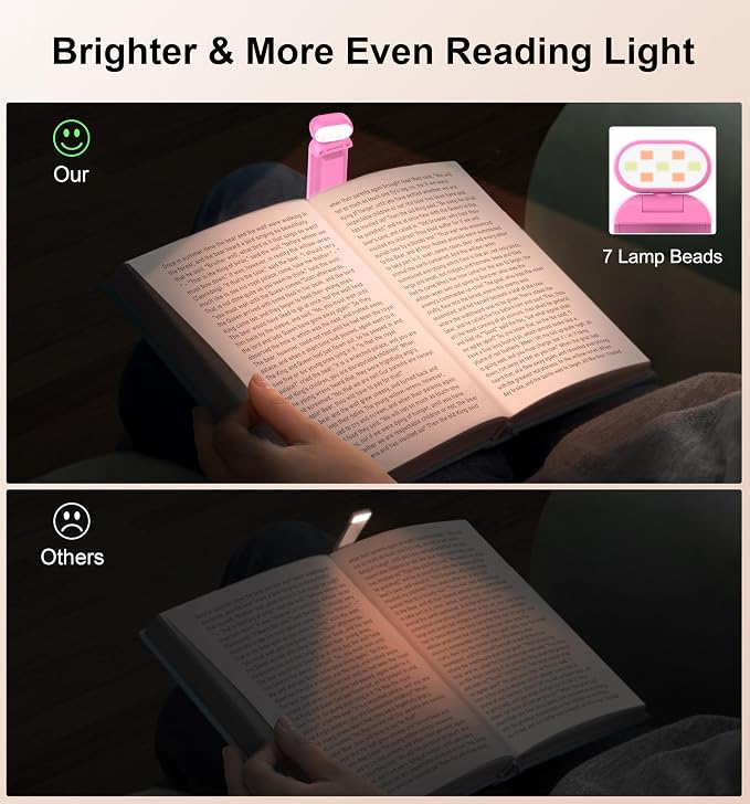 Gritin Reading Light, Rechargeable Book Light for Reading in Bed | Eye Caring 3 Color Temperatures, 5-Level Dimmable Brightness, Long Lasting, Compact Size Clip on Book Lamp for Bookworms-Rose