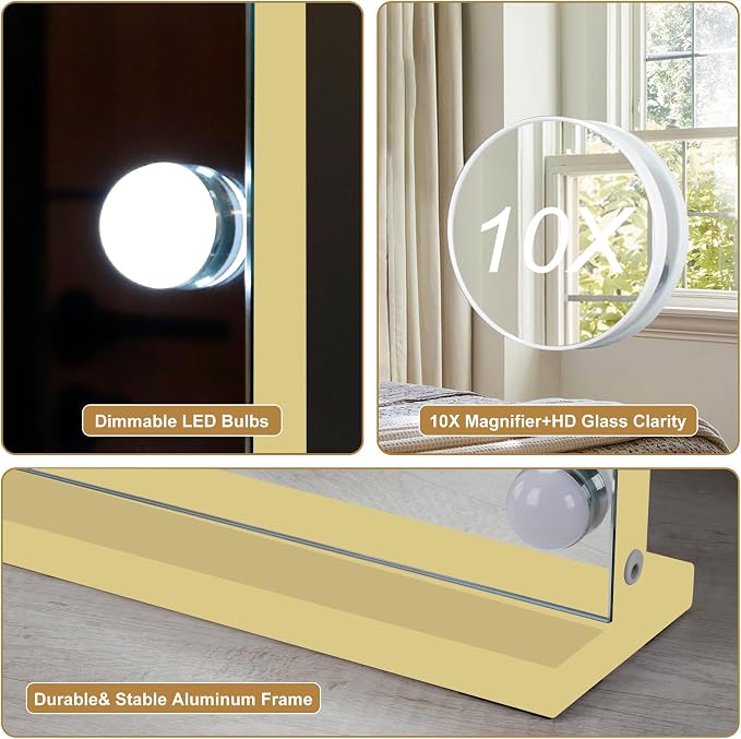 Moonee Vanity Mirror with Lights, Gold Hollywood Lighted Makeup Mirror with 17 Dimmable Bulbs and 10X Magnification, 3 Colors Modes, Aluminum Metal Frame, Light Up Mirror for Tabletop/Wall（28" x 20"）