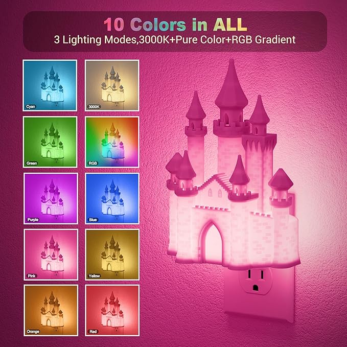 JandCase Night Lights Plug into Wall,3D Printed Castle RGB Night Light,10-Color Change Night Light,Dimmable Nightlights with Dusk to Dawn Sensor for Rooms Bathroom Hallway