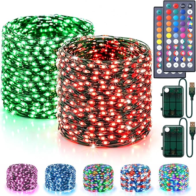 Color Changing Fairy Lights Battery & USB Operated, 2 Pack Total 66FT 200LED RGB 34 Colors Christmas Lights with Remote, Waterproof Twinkle Lights Green Wire for Xmas Tree Indoor Outdoor Party Decor