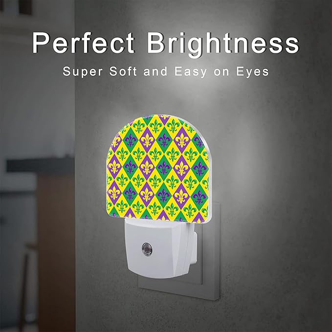 Happy Mardi Gras Carnival Night Light for Kids,Colorful Fleur De Lis Plug in Night Light with Dusk to Dawn Sensor, 0.5w Energy Saving Nightlight for Hallway Stairway Kitchen Bedroom
