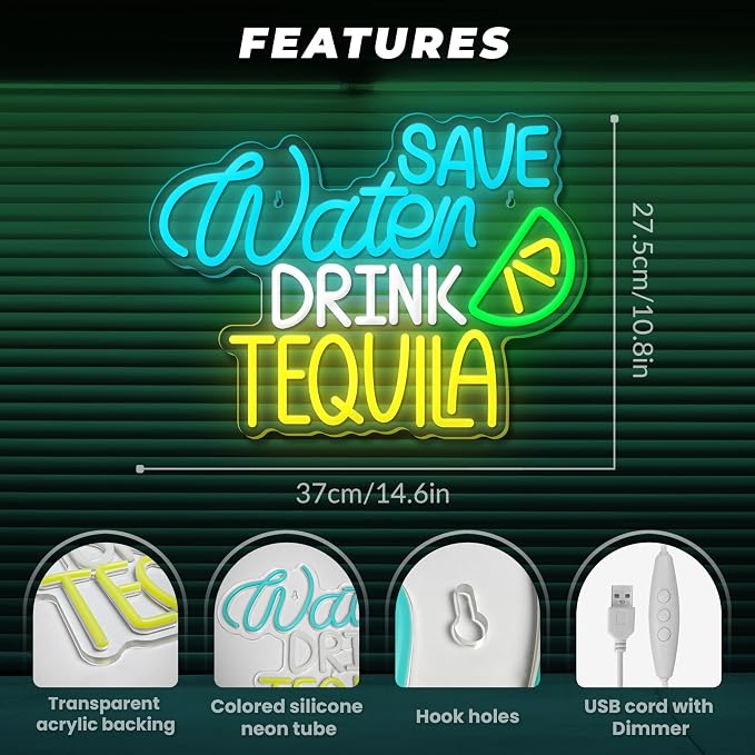 Save Water Drink Tequila Neon Sign Dimmable Tequila Party Led Neon Sign Bar Neon Light up Sign for Home Beer Bar Bedroom Restaurant Man Cave Bistro Club Party Decorations Christmas Birthday Gift