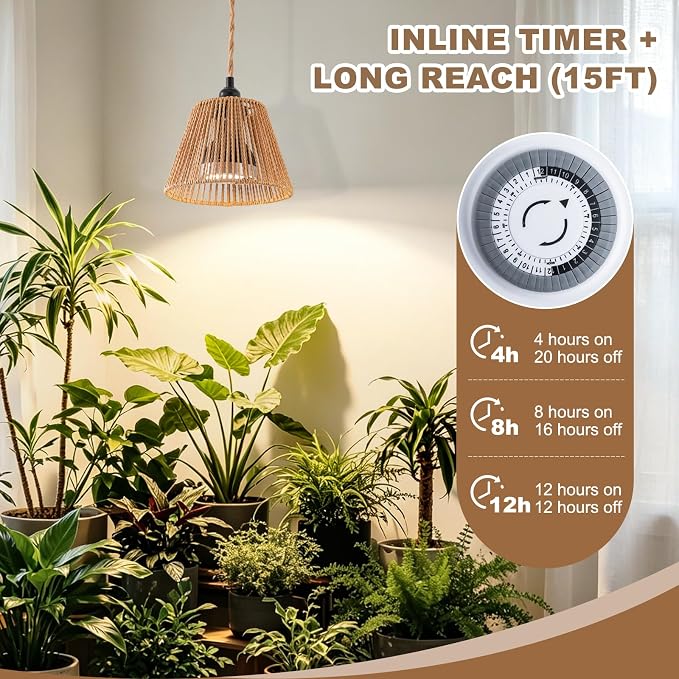 Hanging Grow Light, 30W LED Lamp with Timer for Indoor Plants | 4000K LED plant lamp with 15 ft cord, outlet timer, and boho paper rope shade for succulents, herbs, and low-light rooms.