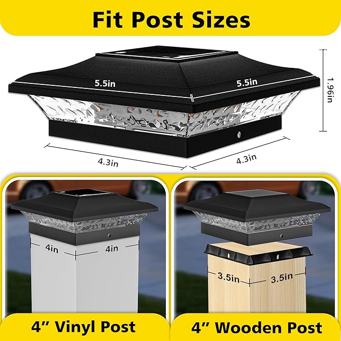 T-SUN Solar Post Cap Lights with Auto-Change Colors- for Vinyl/Wooden Posts IP65 Weatherproof Outdoor Solar Fence Post Lights for Deck, Porch, Garden & Stairs(12-Pack,RGB)
