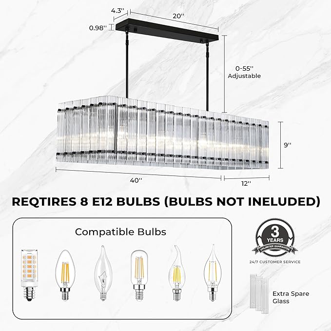IKK Modern Rectangle Black Chandeliers for Dining Room, 40" Ribbed Glass Island Light Fixture, Linear Farmhouse Lighting with Adjustable Height for Kitchen Island, Living Room