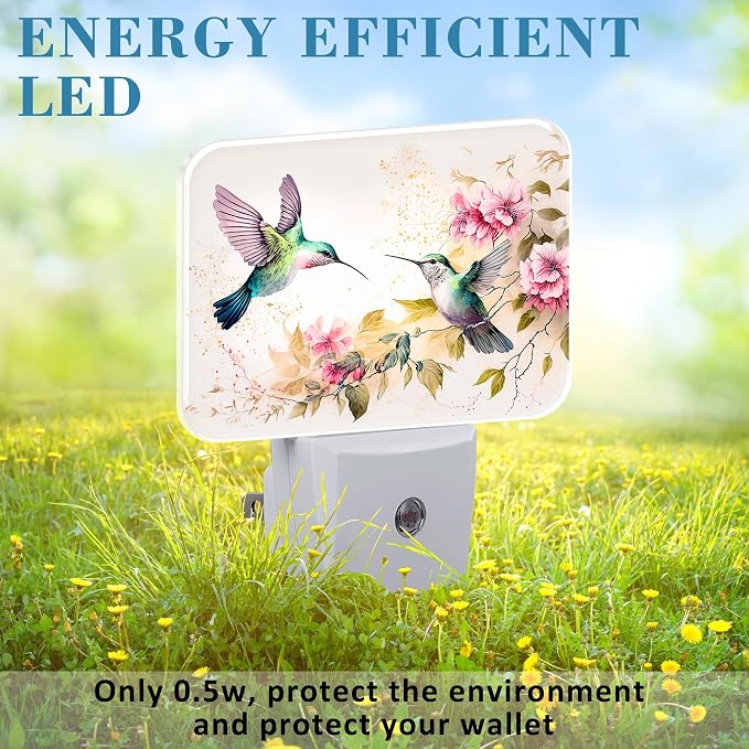 Watercolor Hummingbird Night Light, Pink Flowers Leaves Nightlight Plug into Wall with Dusk to Dawn Sensor for Kid Girls Boys Women Men Bedroom, Hallway, Kitchen, Bathroom, Stairs Decor