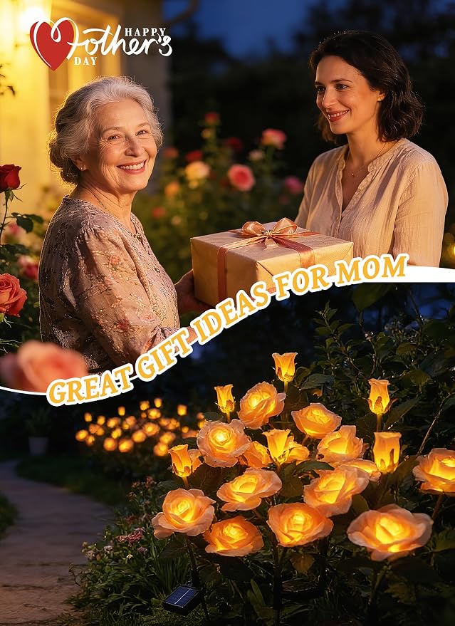 Brightown Solar Garden Lights, 4 Pack LED Rose Flower Lights Waterproof | Larger & Realistic Champagne Rose, Bigger Solar Panel, Waterproof Solar Lights Outdoor for Yard Garden Lawn Pathway Decor