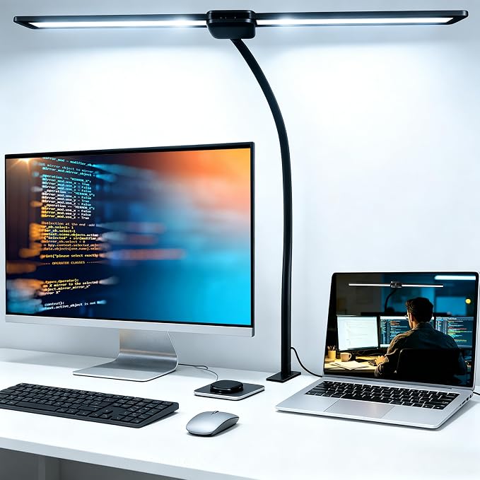 LED Desk Lamp for Home Office, Double Head Computer Monitor Light with Clamp, 5 Color Modes and 3 Brightness Levels, Long Flexible Goose-Neck, USB Eye-Caring Clip on Lights for Reading, Black