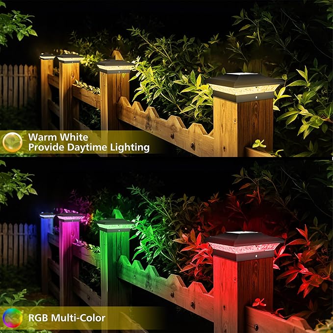 T-SUN Solar Post Cap Lights with Auto-Change Colors- for Vinyl/Wooden Posts IP65 Weatherproof Outdoor Solar Fence Post Lights for Deck, Porch, Garden & Stairs(12-Pack,RGB)
