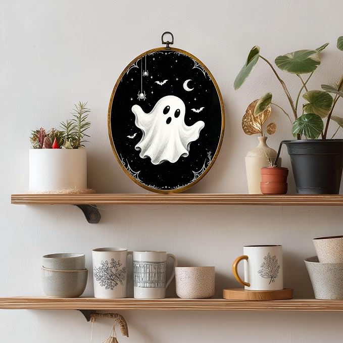 Black White Ghost Oval Wall Art, Framed Canvas Decor, 8.5x11.5 Inch | White ghost on black sky, bats, spiders, stars and crescent moon Halloween decor