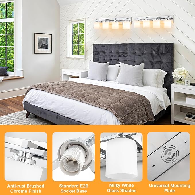 Modern Bathroom Light Fixtures Over Mirror, Vanity Lights for Bathroom Wall Sconces with Milky White Glass Shades, E26 Socket (Bulbs Not Included), 4 Light, Chrome