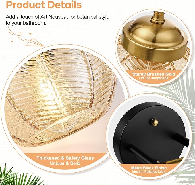 MOKATNG Bathroom Light Fixtures, 4-Light Amber Vanity Lights with Unique Leaf Texture Glass Shade, Modern Matte Black and Gold Bathroom Wall Lamp for Mirror Hallway Cabinet Living Room
