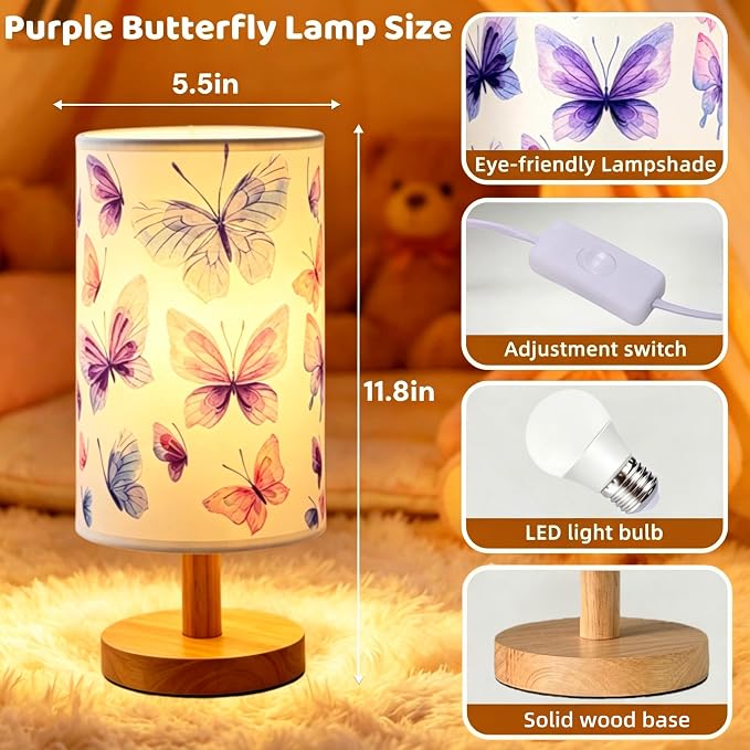 Butterfly Kids Table Lamp for Bedroom Girls Bedside Lamps 3 Colors Modes LED Nightstand Night Light with Cartoon Linen Lampshade Desk Lamp for Girls Boys Room Nursery Decor,Butterfly Gifts for Girl