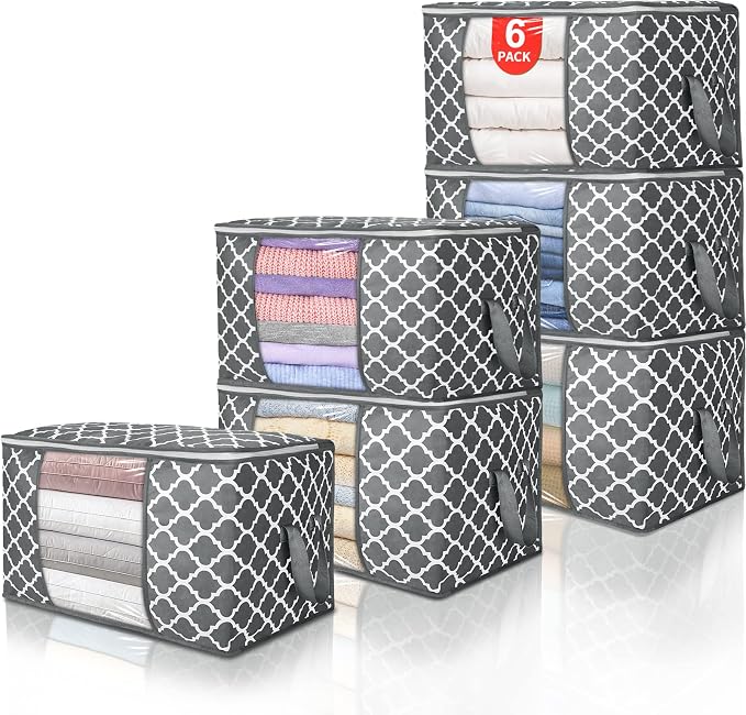 90L Large Storage Bags, 6 Pack Clothes Storage Bins Closet Organizers | Foldable Storage Containers, with Reinforced Handle, for Clothing, Blanket, Comforters, Bed Sheets, Pillows and Toys