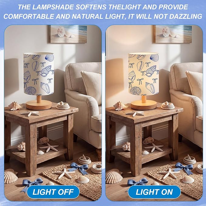 Coastal Table Lamp for Bedroom Bedside Lamp with Linen Wooden Night Stand Coastal Cowgirl Decor for Bedroom Girls Living Room
