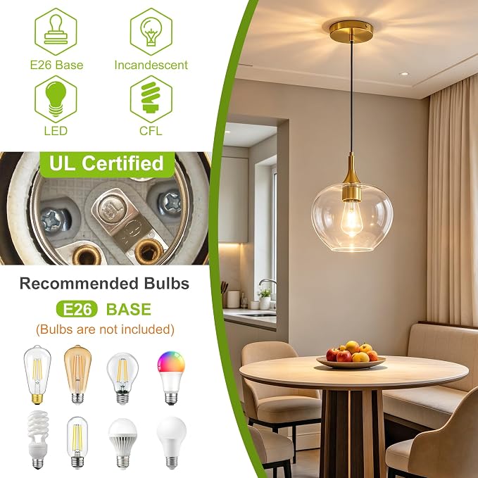 9.45in Gold Pendant Lights Kitchen Island with Clear Glass Shade 1Pack | Handcrafted Glass Pendant Light Fixtures, UL Certified, E26 Base 100W Max, Height-Adjustable, Dimmable Hanging Pendant Light