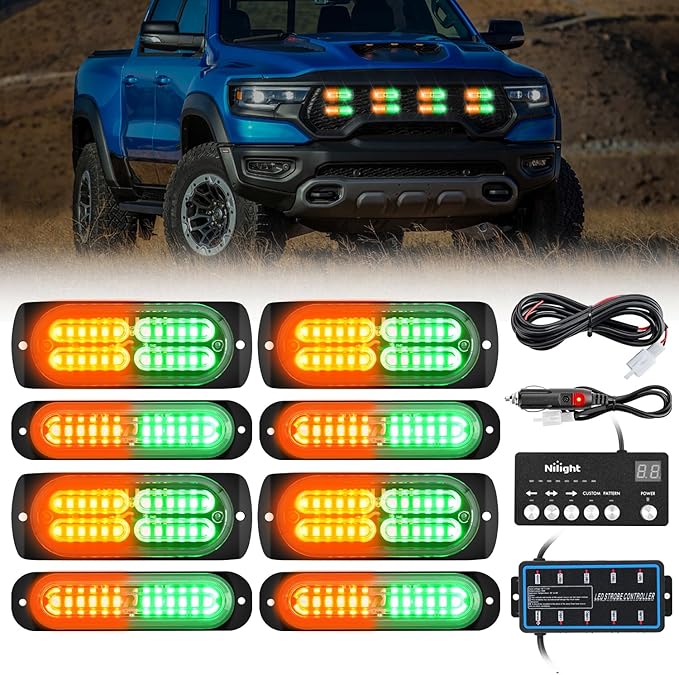 Nilight 8PCS Led Strobe Lights with Controller 12V 24V Sync Feature Amber Green Light 12 24 LED Surface Mount Emergency Hazard Warning for Vehicle Car Truck RV ATV