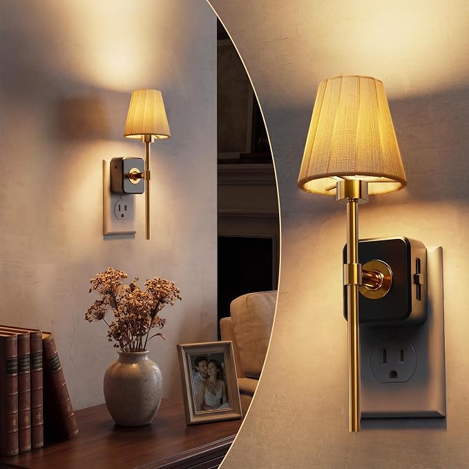 L LOHAS LED Night Lights Plug into Wall, Pleated Fabric Cover Night Light | Dusk to Dawn Sensor Vintage Nightlight, 0-100LM Dimmable, for Bedroom Living Room Hallway