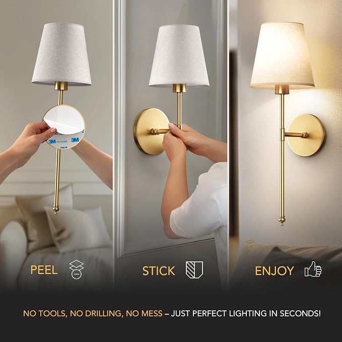 Set of 2 Wireless Wall Sconces - Stick-On or Screw Mount for Easy Installation with Rechargeable LED Bulbs, Remote Controlled, Adjustable Brightness & Warmth, Living Room Wall Decor (Black)