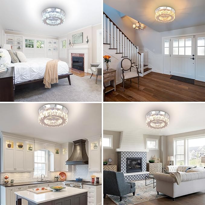 Dimmable LED Ceiling Light with Remote Flush Mount Mini Round LED Crystal Chandeliers Modern Flush Mount Ceiling Light Fixture Hallway Light Bedroom Bathroom Kitchen Office
