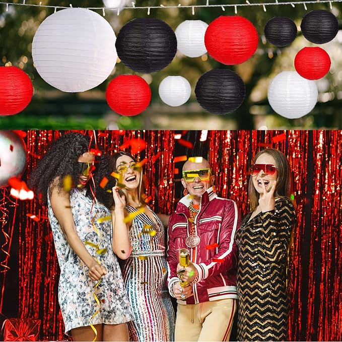 12Pcs Paper Lanterns 6”, 8”, 10”, 12”,Paperlanterns Party Decoration, Black White Red Paper Lanterns for Wedding, Bridal, Birthday, Outdoor, Home, Garden, Holiday and Party.