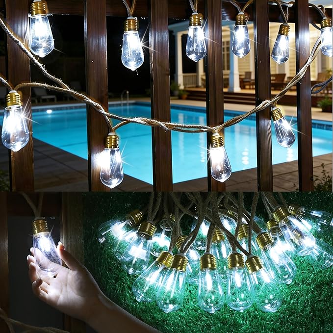 (New) Outdoor String Lights, 24FT Hemp Rope LED Patio Lights, Waterproof 8 Light Modes Plug-in Hanging Edison Bulb Lights for Backyard, Garden, Porch, Wedding, Christmas Decor