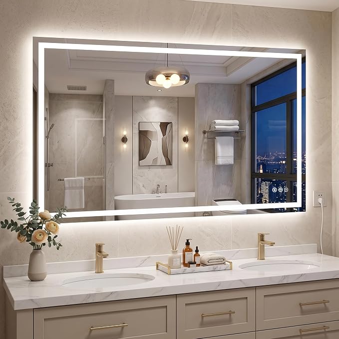 Antok 55x30 LED Bathroom Mirror with Lights, Backlit + Front Lit Vanity Mirror with CRI>90, Dimmable Anti-Fog Smart Mirror with Memory Function, 3 Color Temperatures, Shatterproof Tempered Glass, ETL