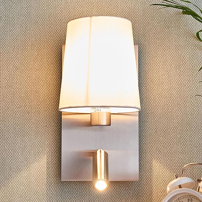12.1" Wall Sconce with Shade & Reading Light, White Fabric Wall Lamp for Bedroom, Silver Bedside Wall Light with LED Reading Light 3000K 205 lm, Dual Switch, E12 Max 10W Bulb Not Included